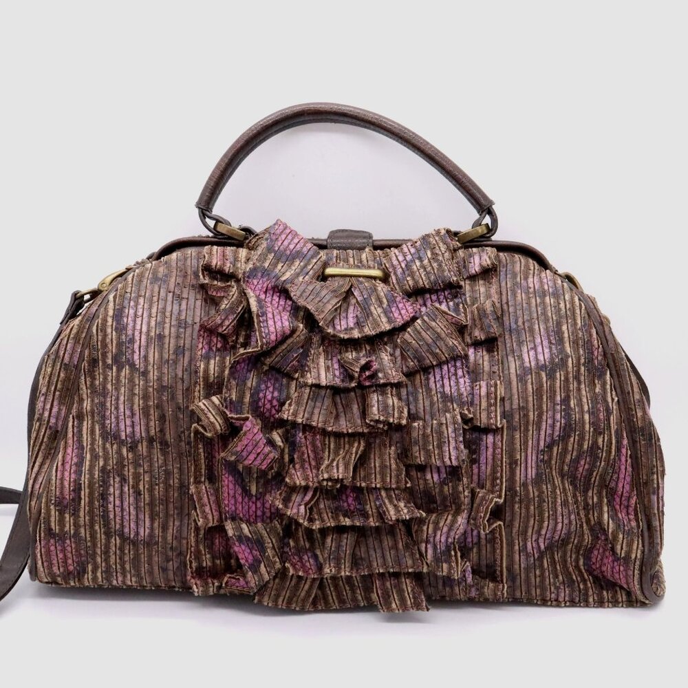 Jessica Simpson Ruffled Handbag Doctor Bag Style Brown & Purple Animal Print